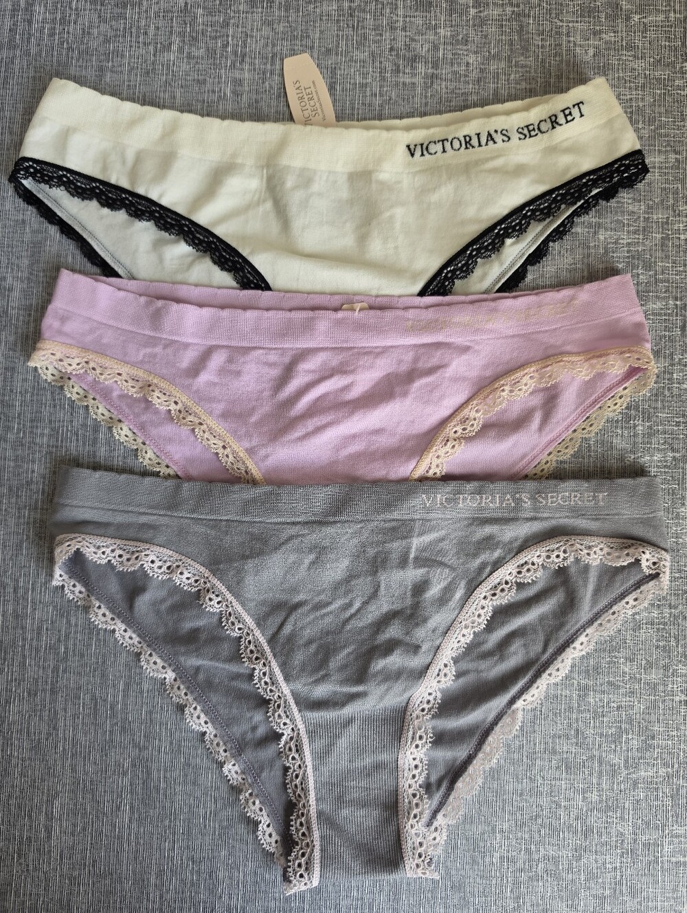 3pc Victoria's Secret Cheekini Size Medium Lace Panties Pink, Cream, Gray New